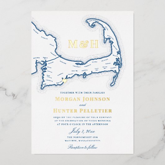 Cape Cod Bruiloft Elegante Marine en Goud Folie Uitnodiging (Voorkant)