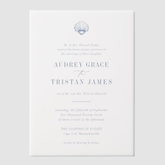 CAPE COD Coastal Blue Wedding Vellum Uitnodigingen (Voorkant)