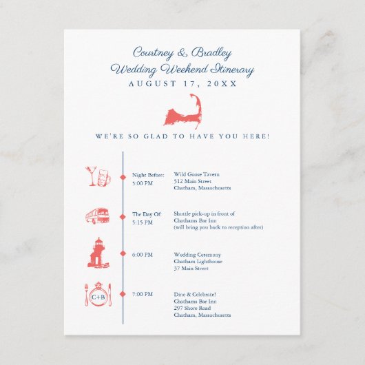 Cape Cod Huwelijksreceptie Route en Tijdschema Informatiekaartje (Voorkant)