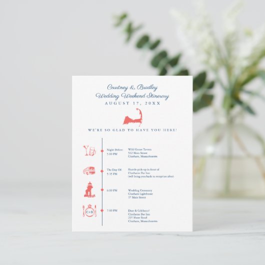 Cape Cod Huwelijksreceptie Route en Tijdschema Informatiekaartje (Staand voorkant)