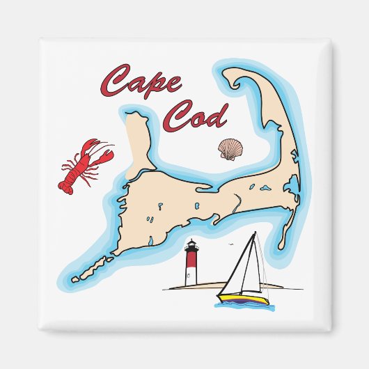 Cape Cod Kaart Illustratie Kreeft Zeilboot Shell Magneet (Voorkant)