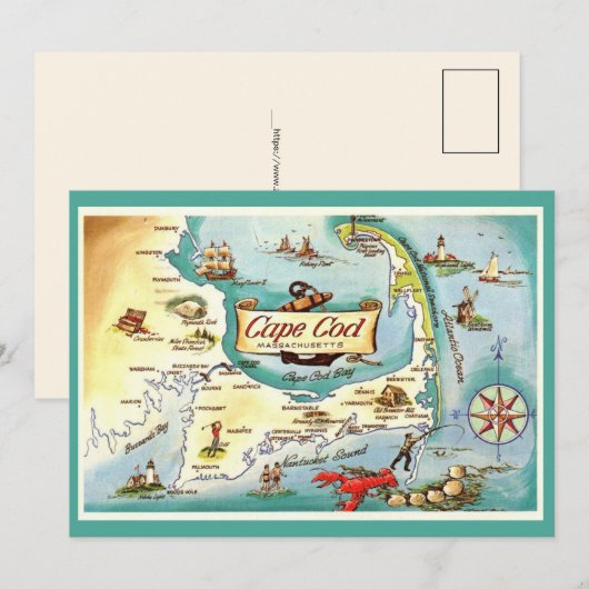 Cape Cod MA 5x7 Map Postcard Bedankkaart (Voorkant / Achterkant)