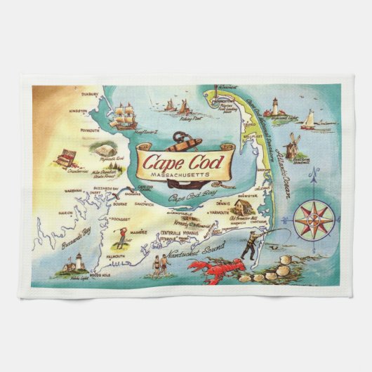 Cape Cod MA Kaart Theedoek (Horizontaal)