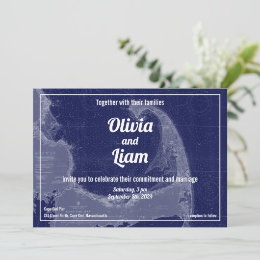 Cape Cod Massachusetts  Map Wedding Invitat Kaart (Staand voorkant)