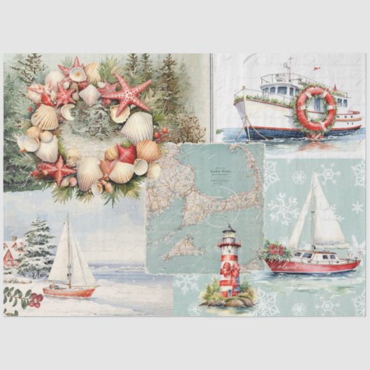 Cape Cod rustieke kerstbomen boten Licht huis Tissuepapier (Voorkant)