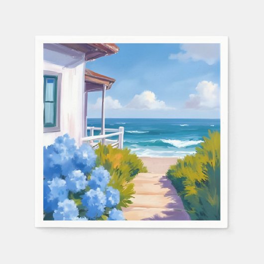 Cape Cod Strandpad Pad | Hortensia Kustschilderij Servet (Voorkant)