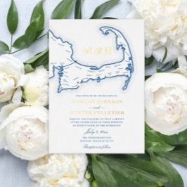 Cape Cod Trouw Elegant Navy en Goud Folie Uitnodiging
