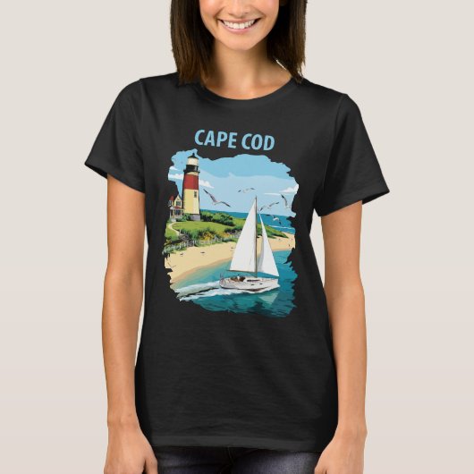 Cape Cod Vuurtoren Zeilboot Reis T-Shirt (Voorkant)