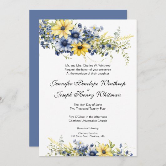 Cape Cod Zomer Blauw Geel Tuin Bruiloft Kaart (Voorkant / Achterkant)
