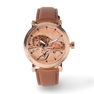 CAPE LION LYING DOWN, Antiek rode bruine monogram Horloge