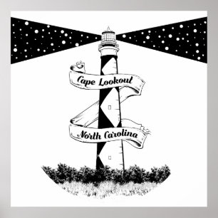 Cape Lookout, vuurtoren zwart-wit Poster