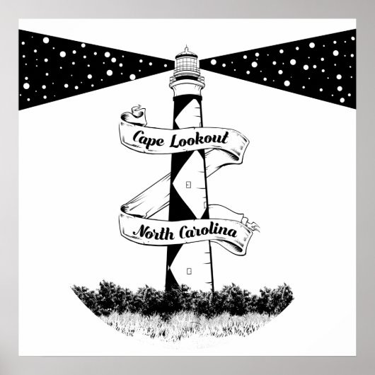 Cape Lookout, vuurtoren zwart-wit Poster (Voorkant)