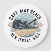 Cape May Beach Retro Vignet Grote Klok (Voorkant)