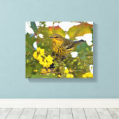 Cape May Warbler met bloeiende mahonia Canvas Afdruk (Insitu (Houten vloer))