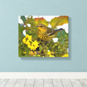Cape May Warbler met bloeiende mahonia Canvas Afdruk (Insitu (Houten vloer))