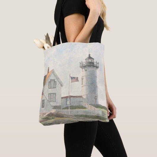 Cape Neddick Lighthouse Watercolor Tote Bag (Dichtbij)