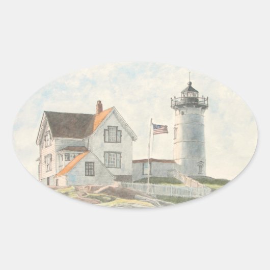 Cape Neddick vuurtoren aquarel Ovale Sticker (Voorkant)
