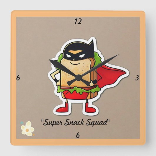 "Caped Food Fun" Vierkante Klok (Voorkant)