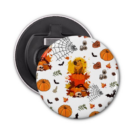 Capibara Halloween. Heksenpompoen. Button Flesopener (Voorkant)