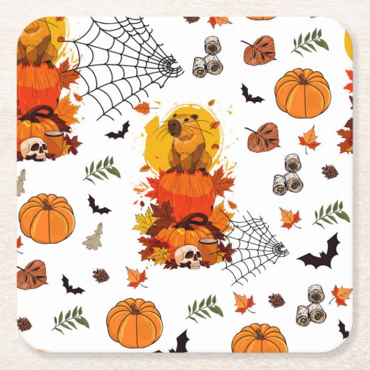 Capibara Halloween. Heksenpompoen. Kartonnen Onderzetters (Voorkant)