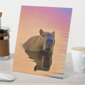 Capibara komt uit een rustig meer reclamebord met voetstuk (Insitu)