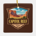 Capitol Reef National Park Illustratie Retro Art Keramisch Ornament<br><div class="desc">Capitol reef vectorkunstwerk ontwerp. Het park omringt een lange rimpel in de aarde die bekend staat als de Waterzakkenvuller,  met lagen gouden zandsteen,  kanonnen en opvallende rotsformaties.</div>