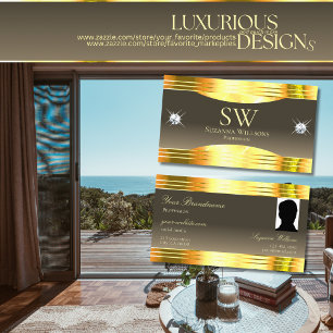 Cappuccino Bruin Beige Gouden Randen Monogram Foto Visitekaartje