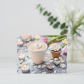 Cappuccino cup met zwevend hart en verloving feestdagenkaart (Staand voorkant)