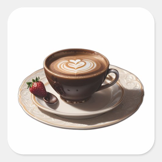 cappuccino koffie met aardbeien vierkante sticker (Voorkant)