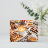 Cappuccino met diverse gebakjes en chocolade ca feestdagenkaart (Staand voorkant)