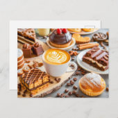 Cappuccino met diverse gebakjes en chocolade ca feestdagenkaart (Voorkant / Achterkant)