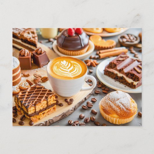 Cappuccino met diverse gebakjes en chocolade ca feestdagenkaart (Voorkant)