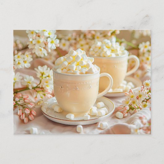 Cappuccino met marshmallows en bloesemtakjes feestdagenkaart (Voorkant)