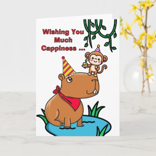 Cappy Birthday Schattige Capybara en Monkey Kaart (Gele Bloem)