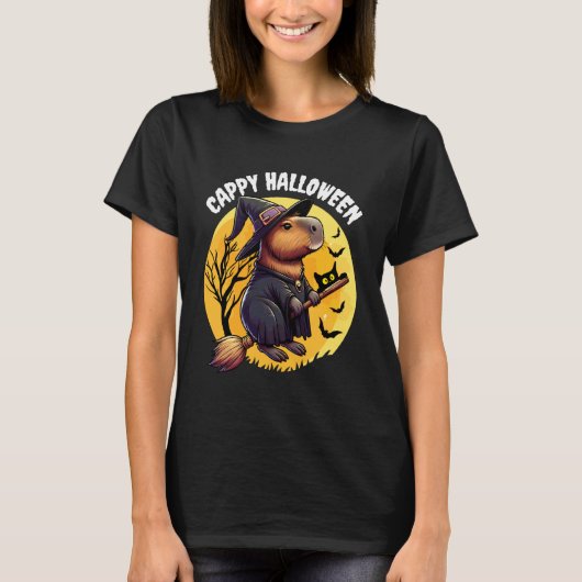 Cappy Halloween Grappige Capybara Heks Zwarte Kat  T-shirt (Voorkant)