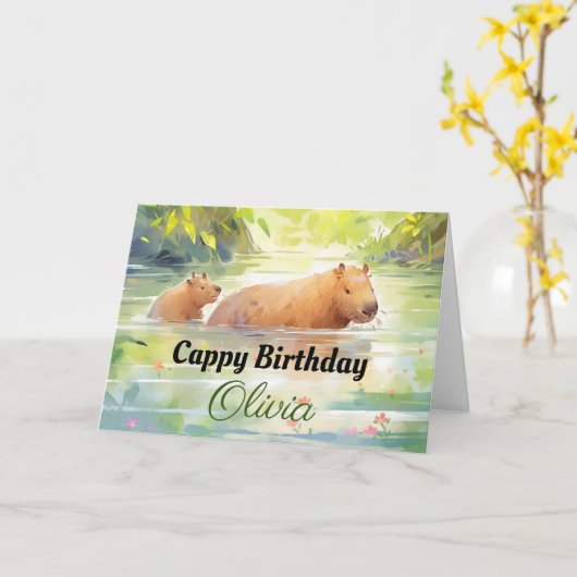 Cappy Verjaardag! - Leuke Capybara Birthday Kaart (Gele Bloem)