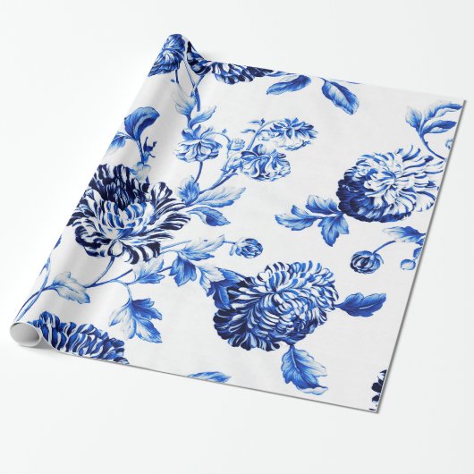 Capri Blue  Botanische Floral Toile Cadeaupapier (Uitgerold)
