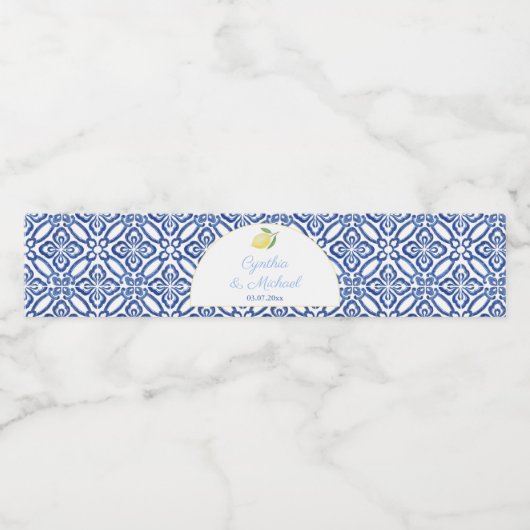 Capri boog vorm citroenen blauw Tegels bruiloft Waterfles Etiket (Enkel label)