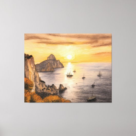 Capri faraglioni rocks ocean sunset drawing with s canvas afdruk (Voorkant)