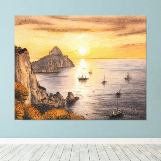 Capri faraglioni rocks ocean sunset drawing with s canvas afdruk (Insitu (Houten vloer))