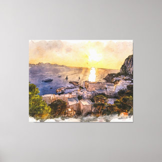 Capri island sunset painting with harbor and boats canvas afdruk