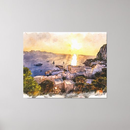 Capri island sunset painting with harbor and boats canvas afdruk (Voorkant)