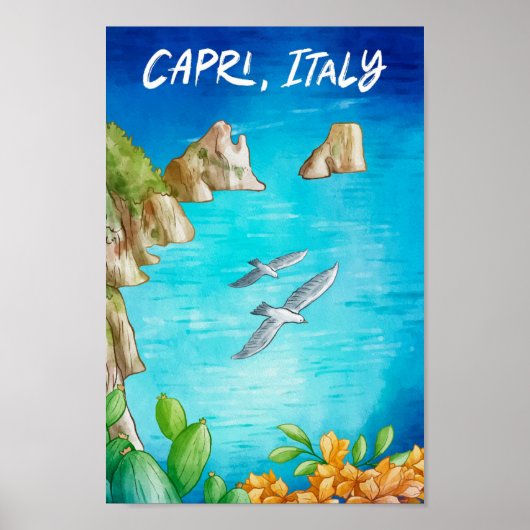 Capri Italië Art Waterverf Reisillustratie Poster (Voorkant)