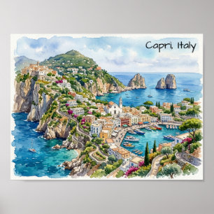 Capri Italië Reizen Waterverf Minimalistisch Reize Poster