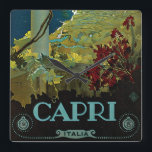 Capri, Italië, Vintage Travel Poster Art Italia Vierkante Klok<br><div class="desc">Een  illustratie van de Europese reisposter of bagagekaart van het eiland Capri in Italië,  met een uitzicht uit een villa van het eiland,  het strand,  de prachtige kustlijn en het blauwe water van het Middellandse-Zeegebied. De tekst luidt Capri Italia.</div>