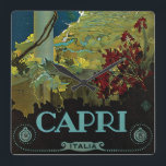 Capri, Italië, Vintage Travel Poster Art Italia Vierkante Klok<br><div class="desc">Een  illustratie van de Europese reisposter of bagagekaart van het eiland Capri in Italië,  met een uitzicht uit een villa van het eiland,  het strand,  de prachtige kustlijn en het blauwe water van het Middellandse-Zeegebied. De tekst luidt Capri Italia.</div>