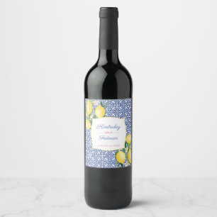 Capri Lemons Blauw Wit Tegels Print Bruiloft Lunch Wijn Etiket