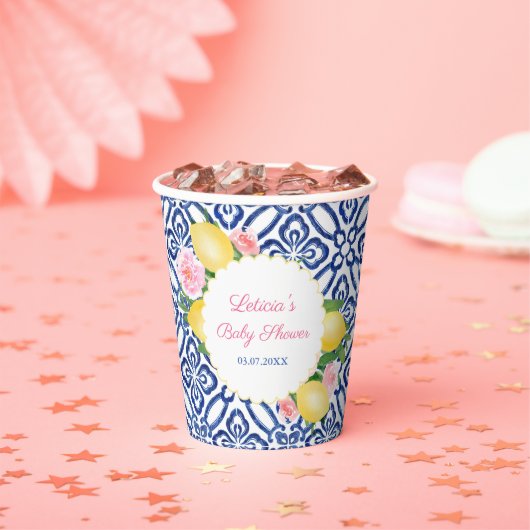 Capri Lemons Blue & White Tiles Baby shower Party Papieren Bekers (Insitu)