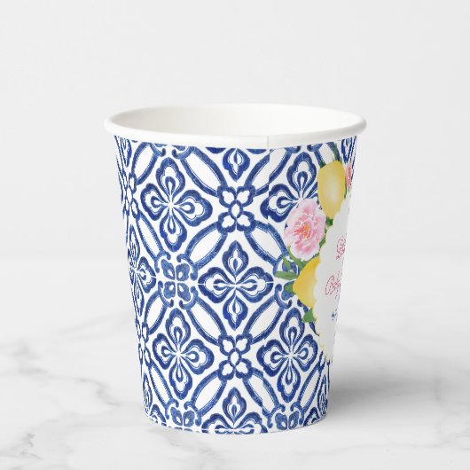 Capri Lemons Blue & White Tiles Baby shower Party Papieren Bekers (Rechts)