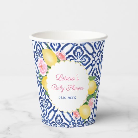 Capri Lemons Blue & White Tiles Baby shower Party Papieren Bekers (Voorkant)